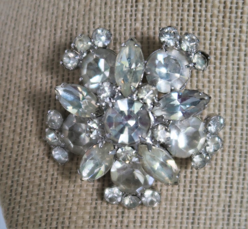 Vintage Clear White Rhinestone Round & Marquis Cut Cluster Brooch