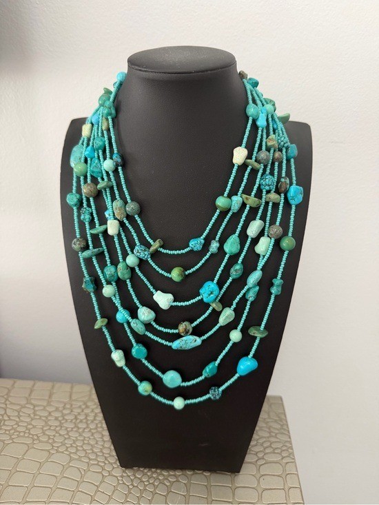 Vintage R.J. Graziano Necklace 7 Strand Turquoise Beaded Statement Bib Y2K Boho