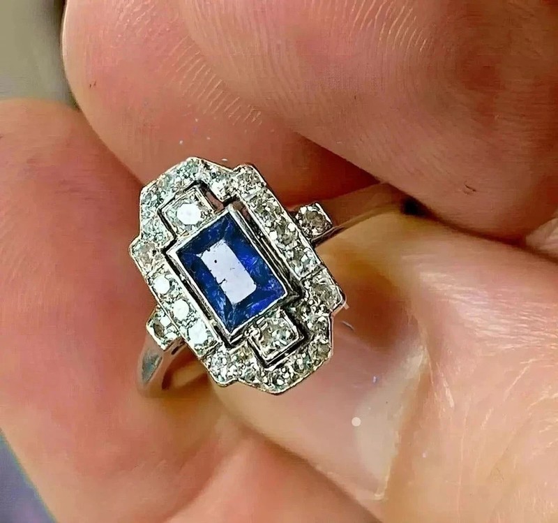 Antique 2Ct Blue and White Stones Art Deco Engagement Ring in Sterling Silver gallery