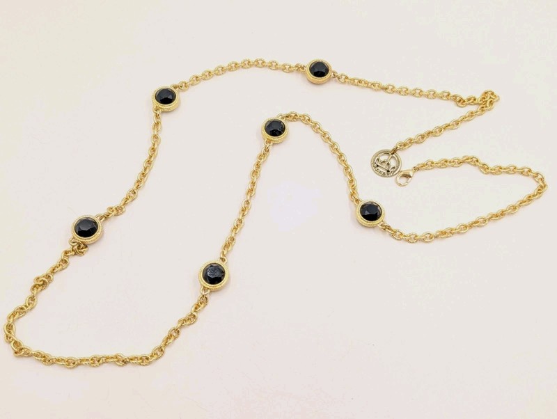 Vtg Trifari Long Gold Tone Chain Necklace w/6 Faceted Black 32" A126 gallery