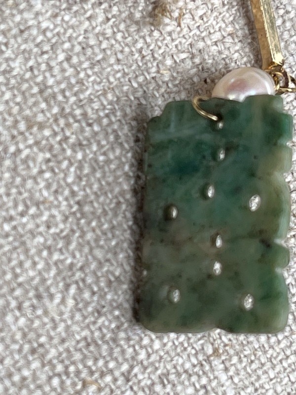 Vintage Small Carved Green Jade Happiness Pendant with Pearls On 16” Chain gallery