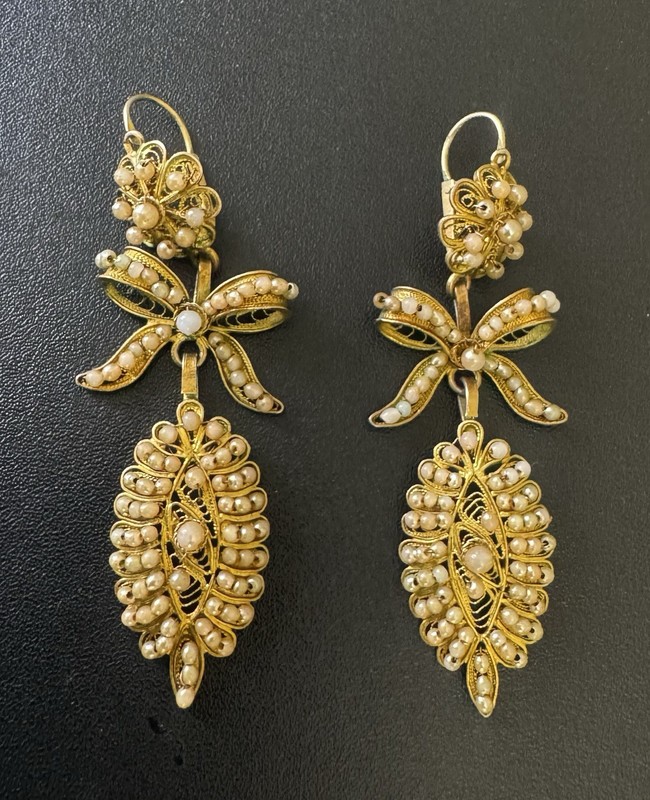 Antique Sterling Silver/Gilt Gold Vermeil Filigree Earrings Faux Pearls 2.75”