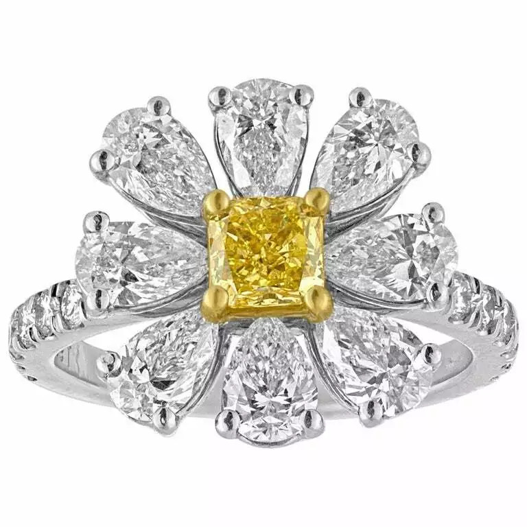 3.24 Carat Fancy Intense Yellow Citrine and White CZ Daisy Flower Weddings Ring gallery