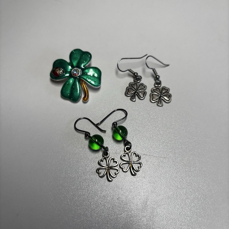 Vintage St Patrick’s Day Jewelry Lot Shamrock Earrings Clover Brooch