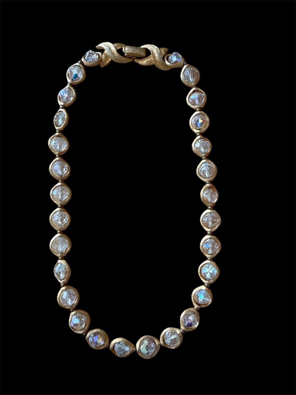 Vintage Gold Tone Crystal Bezal Necklace Round Faceted Rhinestone Statement
