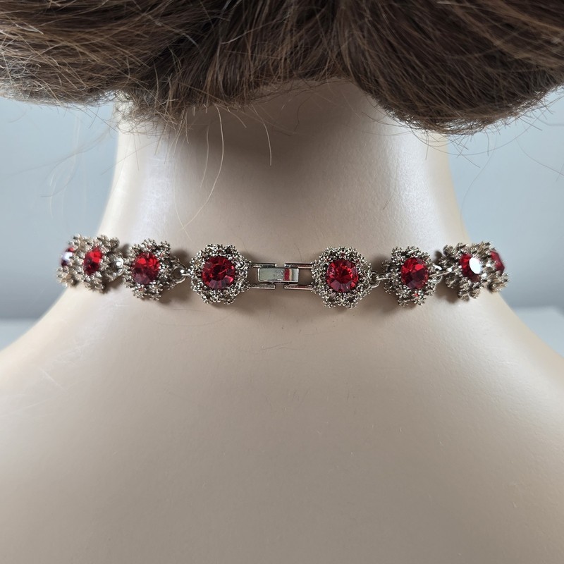 Simulated Red Statement Choker, Rhinestone Silver Tone Necklace gallery