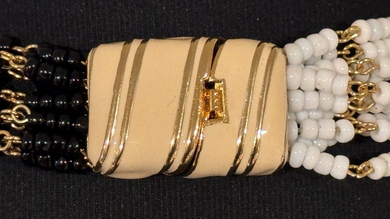 Vintage 10 Strand Black/White/Gold Beaded Chunky Statement Necklace/Cream Clasp gallery