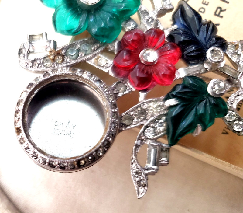 Mazer Unsign As Is Fruit Salad Carved Glass Rhodium Plate Watch Pin Brooch RARE gallery