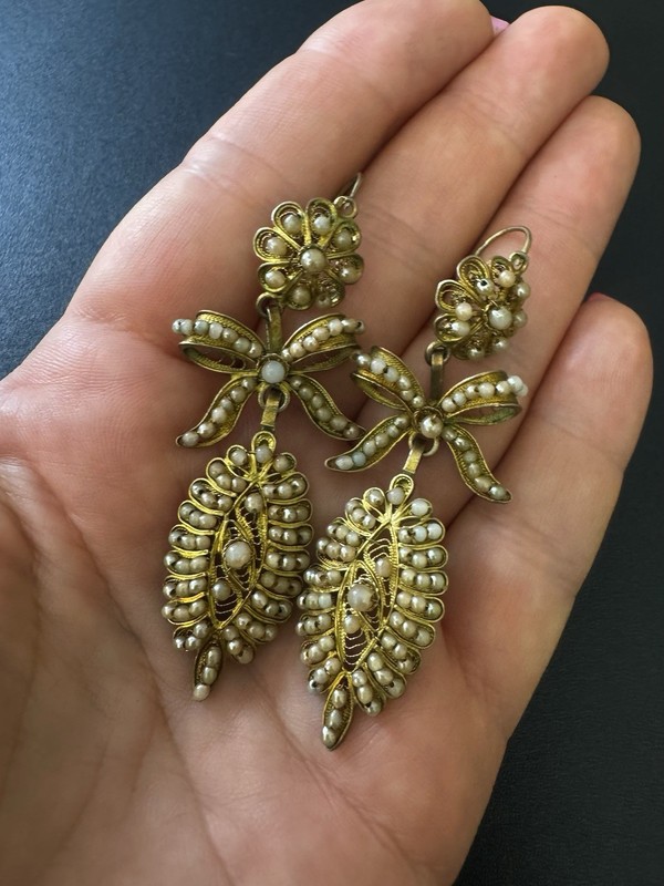 Antique Sterling Silver/Gilt Gold Vermeil Filigree Earrings Faux Pearls 2.75” gallery