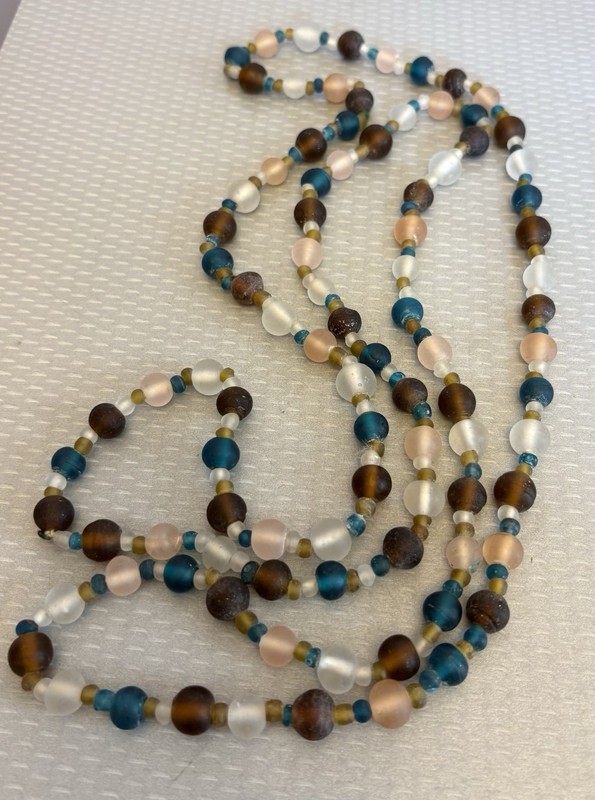 Vintage Frosted Satin Art Glass Bead Necklace Purple Pink Teal XL 58″ Continuous