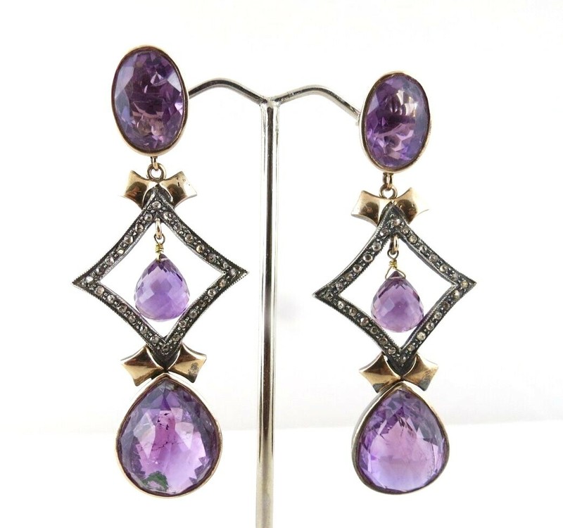 Natural Amethyst 10+ct Natural Diamond 18k Gold & Sterling Silver Earrings gallery