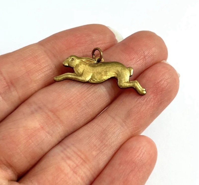 Vintage Rabbit Charm Necklace Pendant Running Rabbit Bunny Brass Jewelry gallery