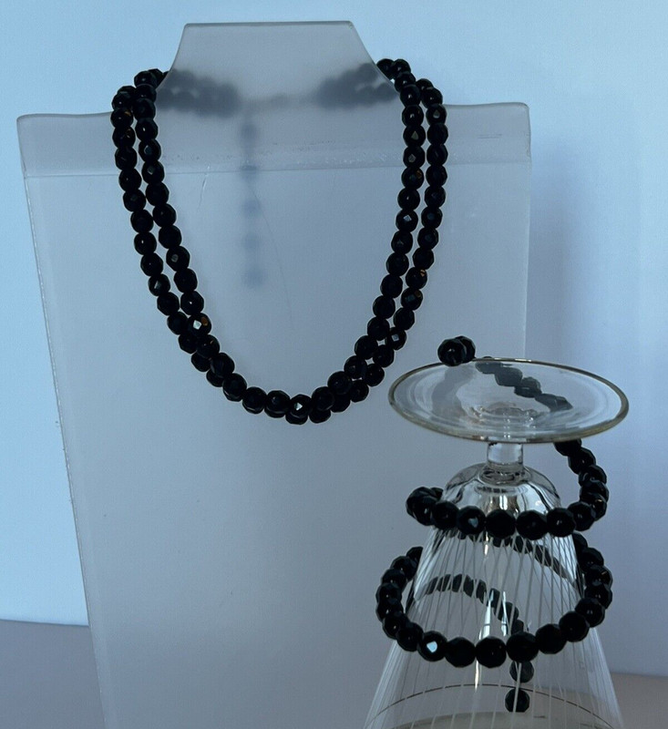 Vintage Black Round Faceted Beads Necklace Choker and Wrap-Around Bracelet Set