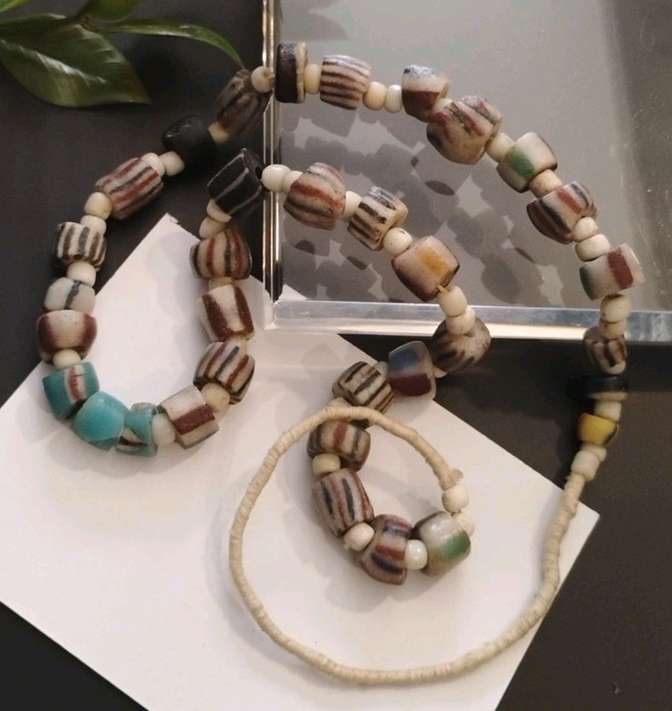 Old AFRICAN Trade Beads Stripes, Color Block, Krobo Recycled Glass 21″ Necklace!