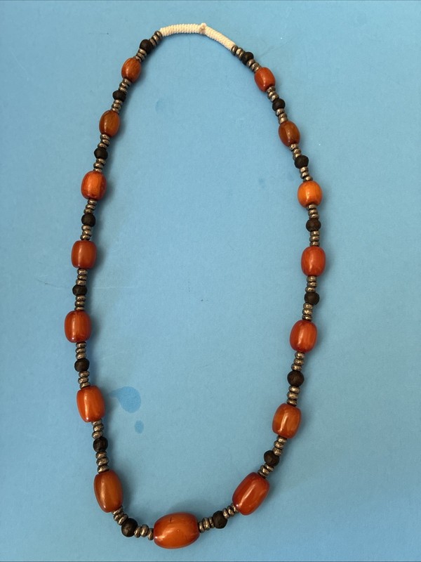 Vintage African Copal Amber Trade Bead Necklace Tribal Silver 27”