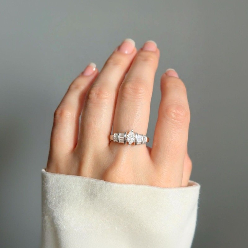 14K White Gold .69ct Marquise & Baguette Natural Diamond Ring Size 6 5g Vintage gallery