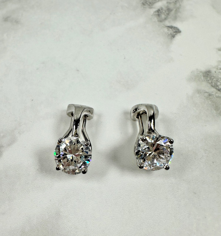 Sterling Silver Large Round Faceted CZ Stud Earrings- Signed CC -Modern Clip Ons