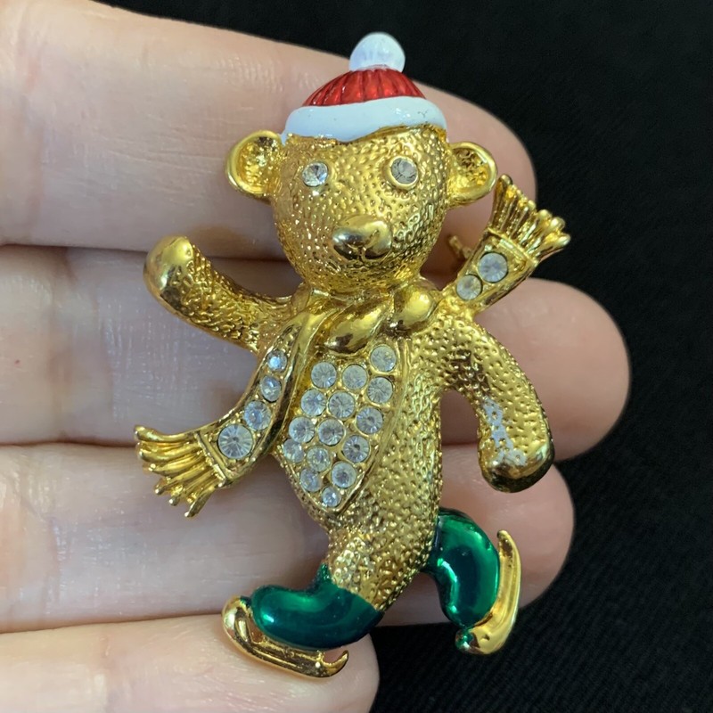 Vtg Christmas Guilloche Glass Enamel Ice Skating Bear Rhinestone Brooch Pin GT