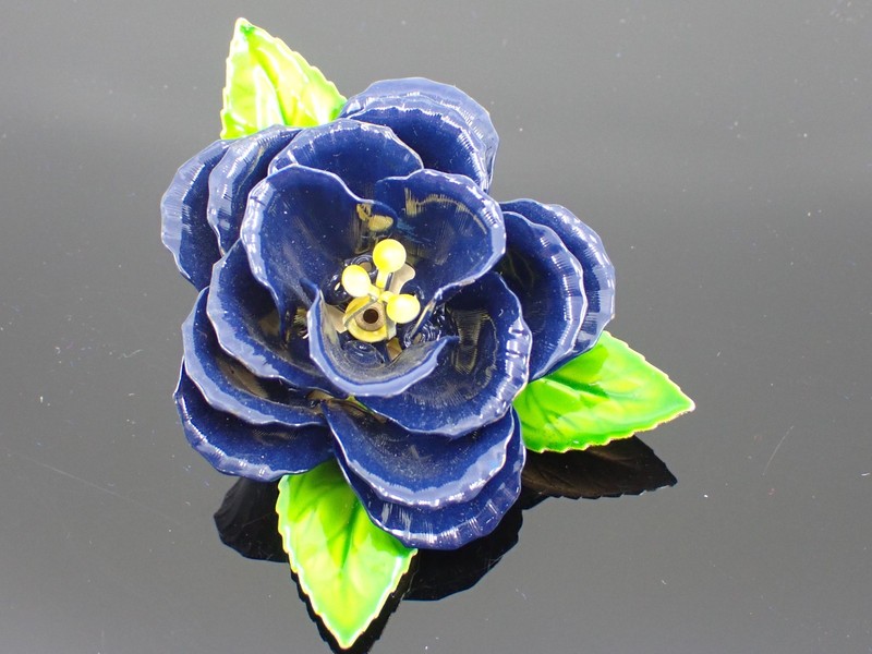 Vintage Enamel Flower Brooch Navy Blue 3D Layered Petals Green Leaves 1960s