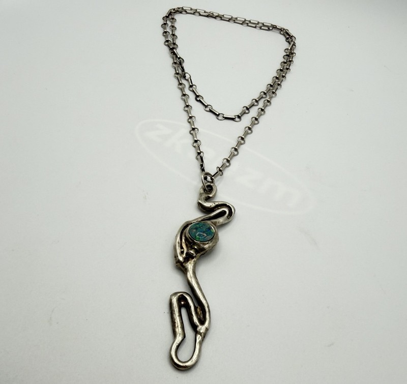 Vintage Modernist Brutalist Opal Sterling Silver Signed Pendant Necklace 33g gallery