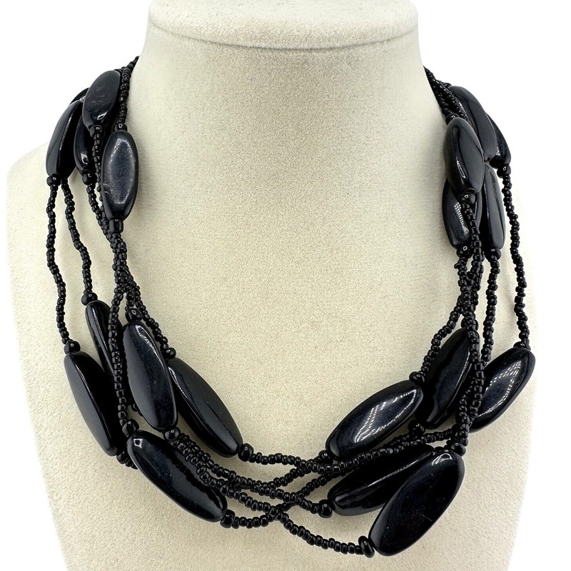 Vintage Style Black Acrylic Beaded Layered Look Elegant 19” Silver Tone Necklace