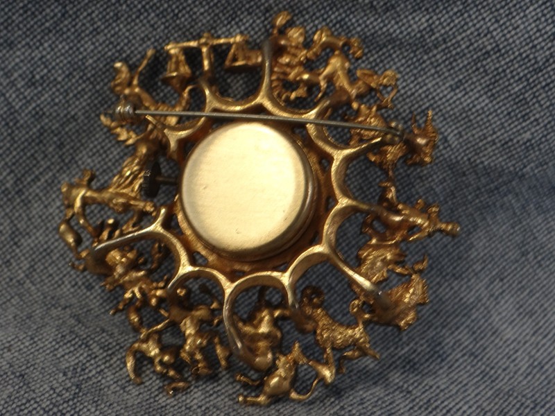 TAYLOR VINTAGE ZODIAC STERLING SILVER GILT VERMEIL 17J WATCH PIN BROOCH WORKING gallery
