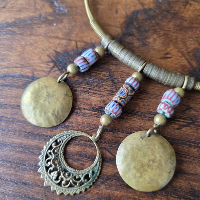 Vinrage brass And Beaded Bib Choker Necklace Handmade Hook Closure gallery