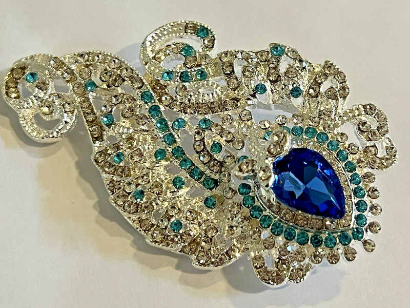 Flower Crystal Rhinestone Bird Brooch Vintage Pin Glass Peacock Feather Blue US