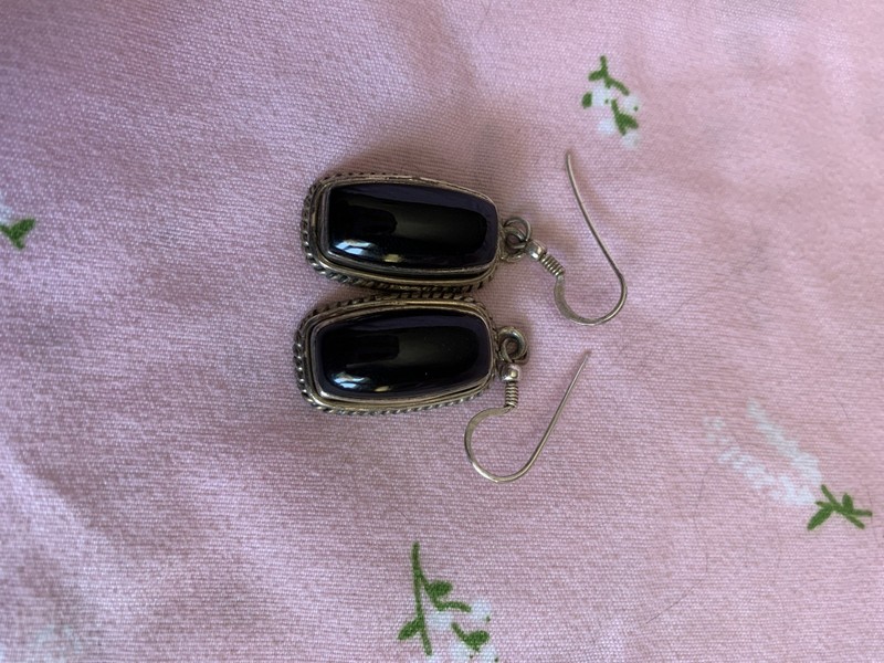 Vintage Sterling Silver Large Black Round Onyx Cabochon Drop Dangle Earrings gallery