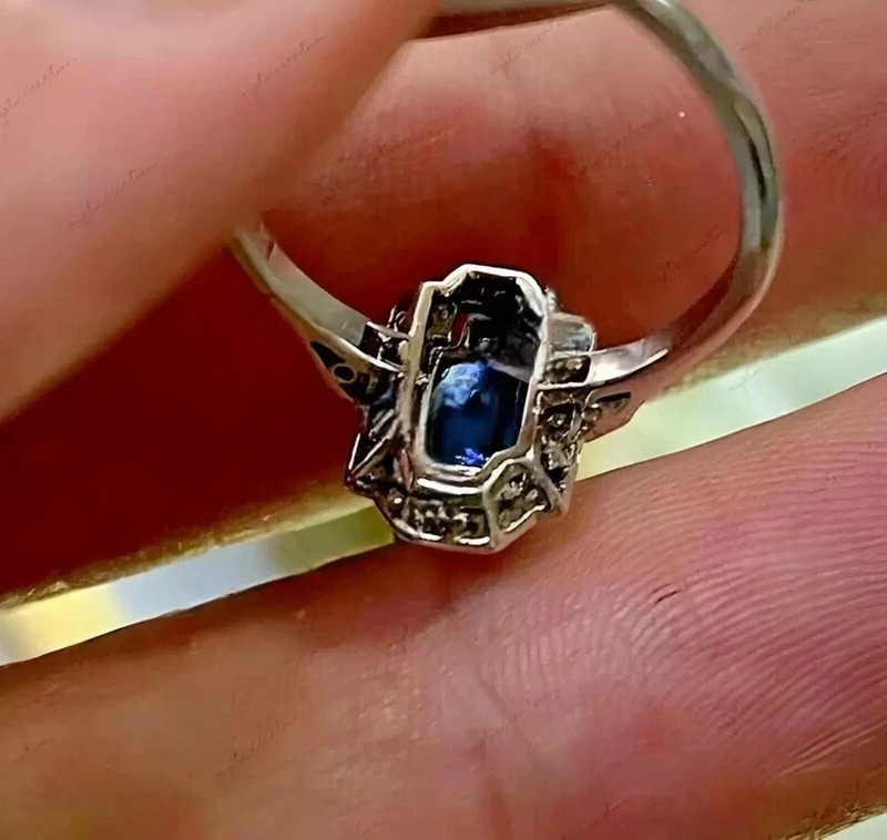 Antique 2Ct Blue and White Stones Art Deco Engagement Ring in Sterling Silver gallery