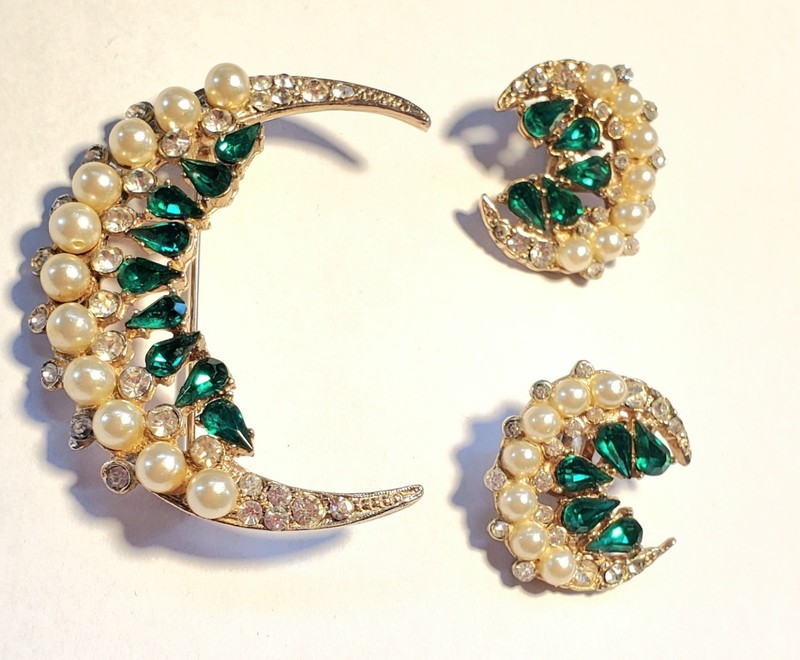 Vintage Joseph Wiesner N.Y. Demi-parure Crescent Moon Brooch & Clip On Earrings