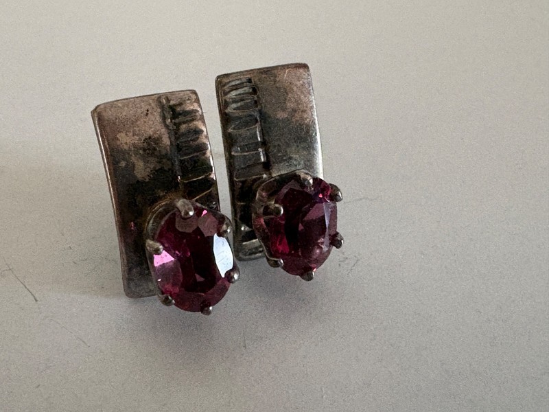 Vintage Sterling Amethyst Santa Fe, New Mexico Unique Design Pierced Earrings