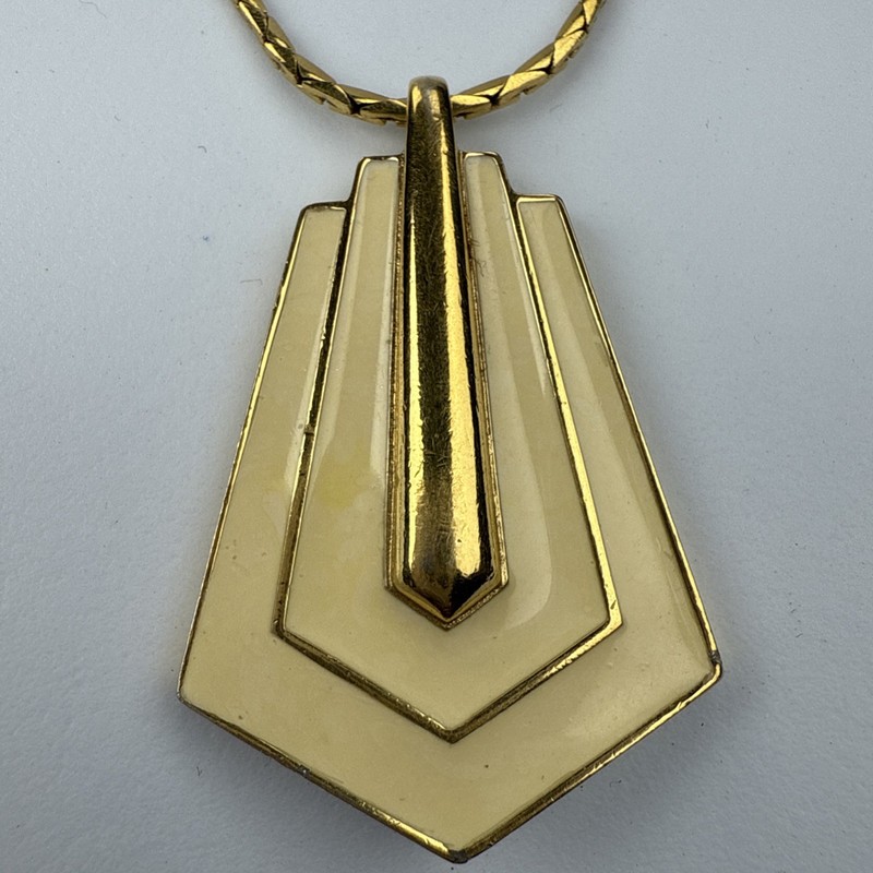 1980s 1990s Monet Beige Geometric Enamel Gold Tone Necklace 17.5” Vintage gallery