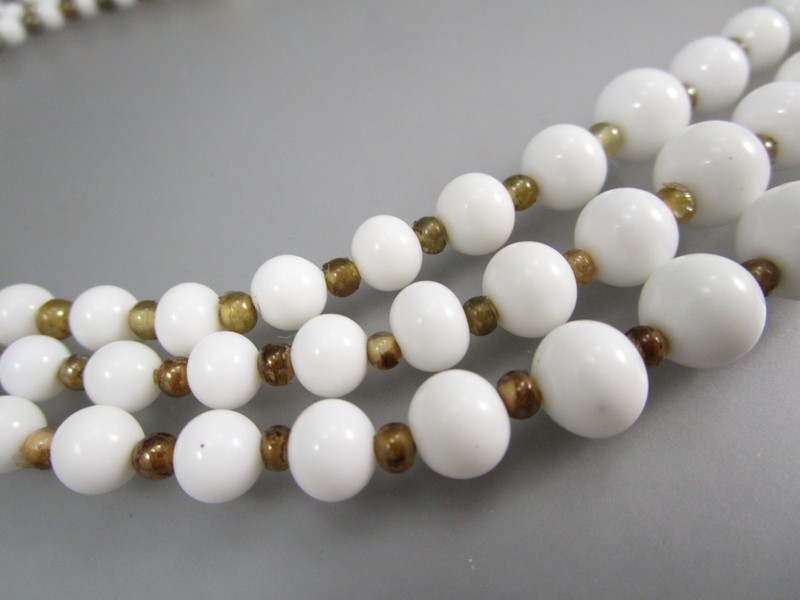 Vintage JAPAN Gold Tone 3 Strand White Glass Layered Beaded Choker Necklace 810 gallery