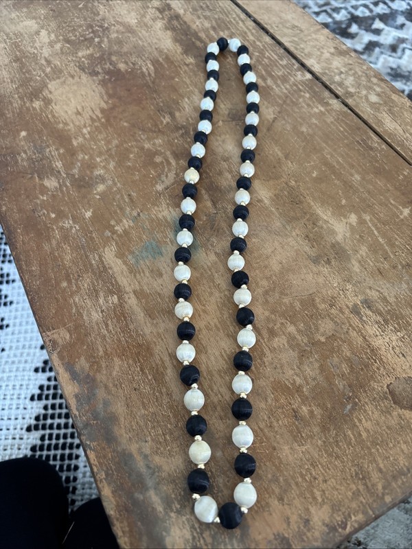 Vintage Satin Thread Bead Necklace Black White Silver Tone Spacers Long Strand gallery