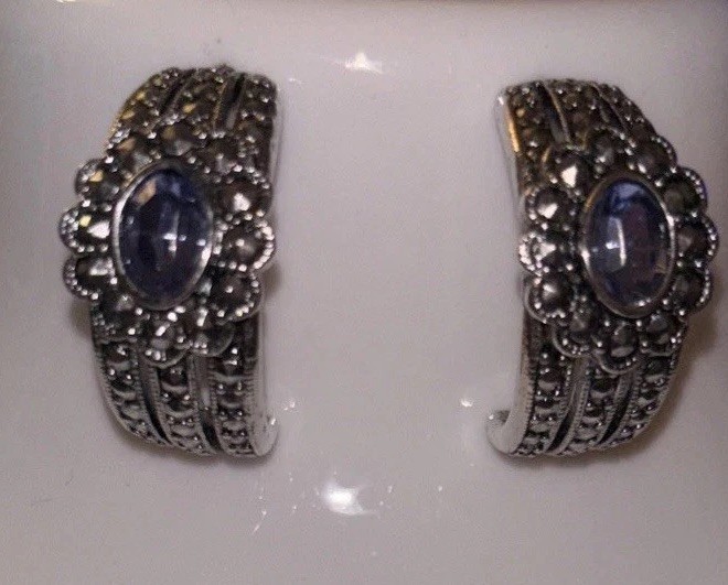 Vintage 1995 AVON Huggie Post Earrings Silver Tone Marcasite Blue Topaz Stone