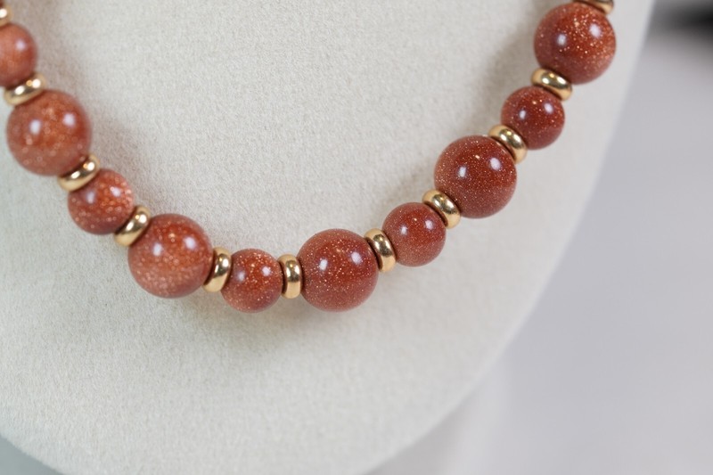 Gold Stone Round Beaded Necklace Gold Tone 21" Unbranded 8mm & 6mm Vintage gallery