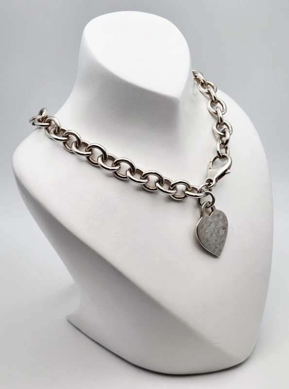 IBB VIntage Sterling Silver Chunky Cable Chain Necklace with Heart Tag 18″
