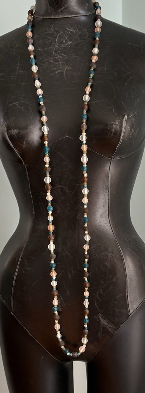 Vintage Frosted Satin Art Glass Bead Necklace Purple Pink Teal XL 58" Continuous gallery