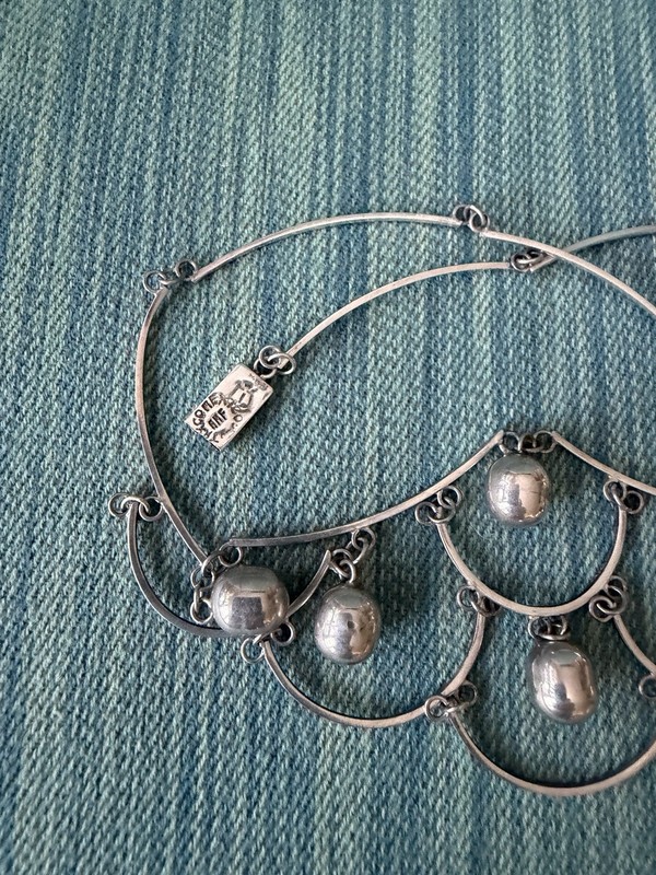 Taxco 925 Sterling Silver Mid Century Tiered & Linked Ball Bead Bib Necklace gallery