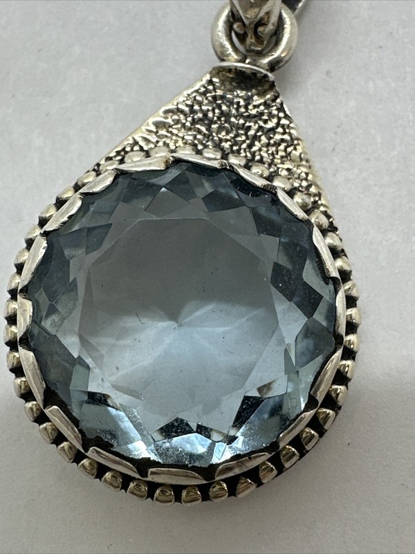 Sterling Silver - Large Faceted Round Synthetic Light Blue Topaz Pendant 5.5gram gallery