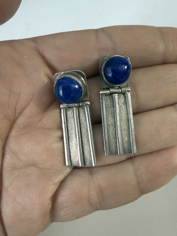 Vintage Mexico 950 Silver Lapis Lazuli Dangle Earrings Modernist
