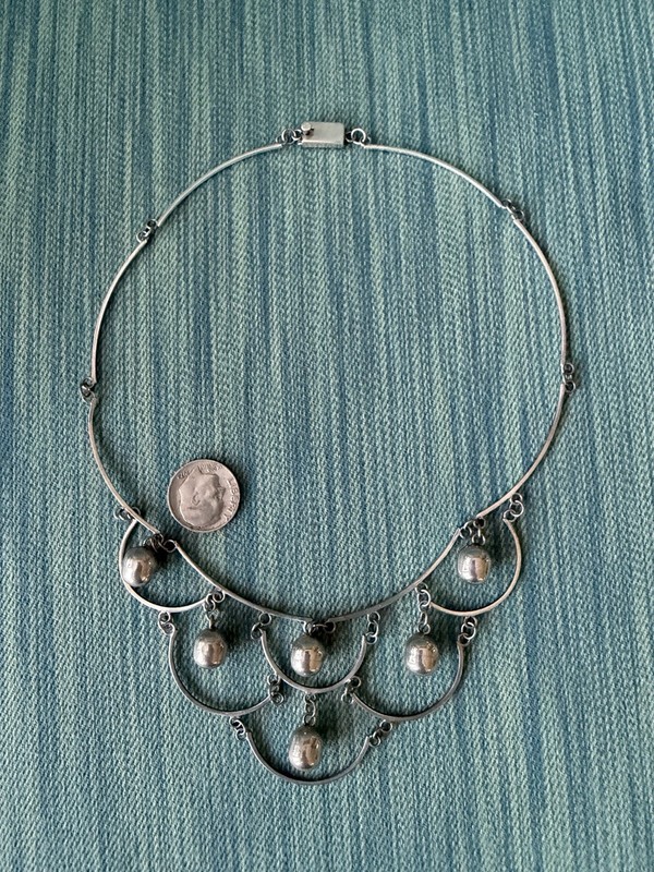 Taxco 925 Sterling Silver Mid Century Tiered & Linked Ball Bead Bib Necklace gallery