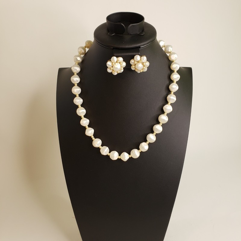 Vintage Japan Faux Satin Pearl Necklace & Earrings Lightweight Plastic 23″