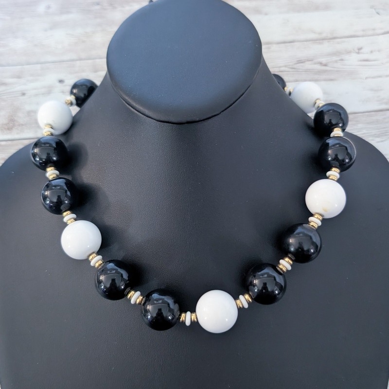 Vintage Monet Necklace Chunky Statement Black, White, Gold Tone