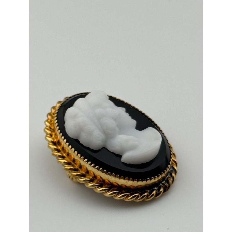 Vintage Carla Molded Cameo Black White Gold Filled GF Brooch Pendant gallery