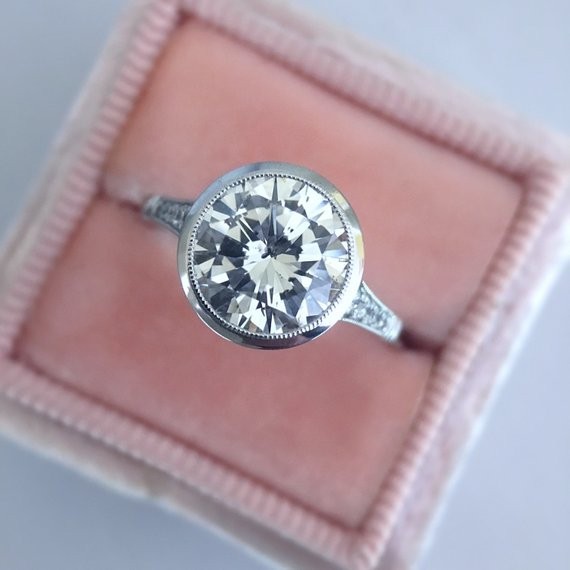 Vintage 2.47CT Round Bezel Lab Created Diamond Engagement Ring 14K White Gold FN