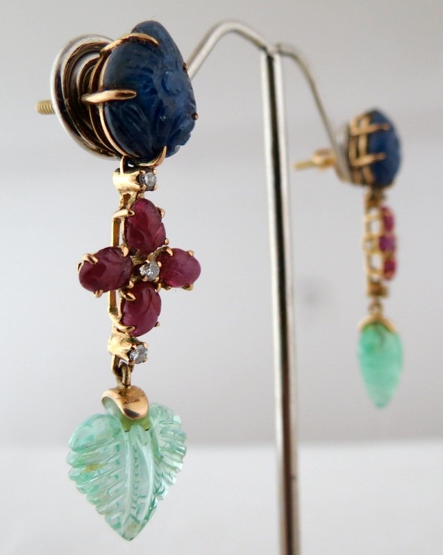 Certified Estate Natural Emerald 10ct Ruby Sapphire Carved Diamond 18k Earrings gallery