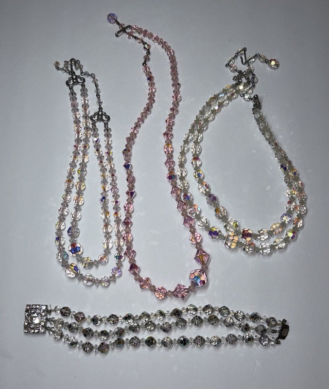 Vintage Aurora Borealis Crystal Bead Jewelry Lot Necklaces Bracelet Pink AB