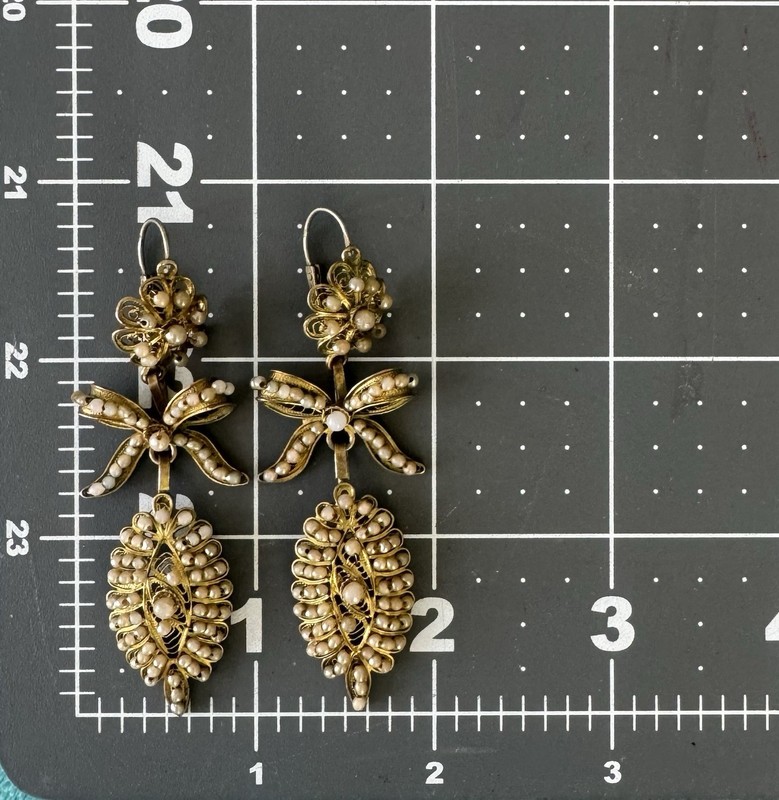Antique Sterling Silver/Gilt Gold Vermeil Filigree Earrings Faux Pearls 2.75” gallery